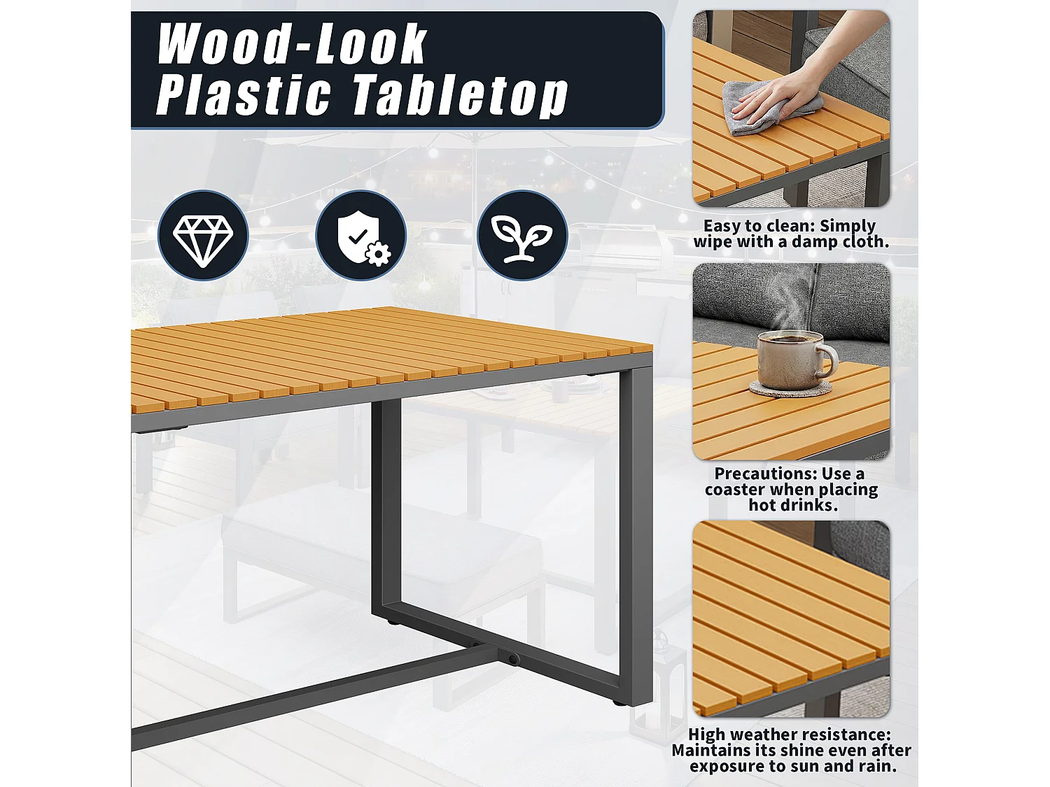 Garten-Salon, Möbelset aus Kunstholz für 6-7 Personen - 3-Personen-Sofa - aus verzinktem Eisen - Tische - 2 Sessel - Bank, Grau