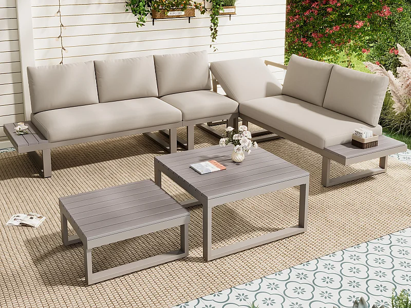 Salon ogrodowy - zestaw mebli - 6 osób - ze stali ocynkowanej - kanapa narożna - 2 stoliki kawowe - blat z tworzywa drewnopodobnego - Khaki