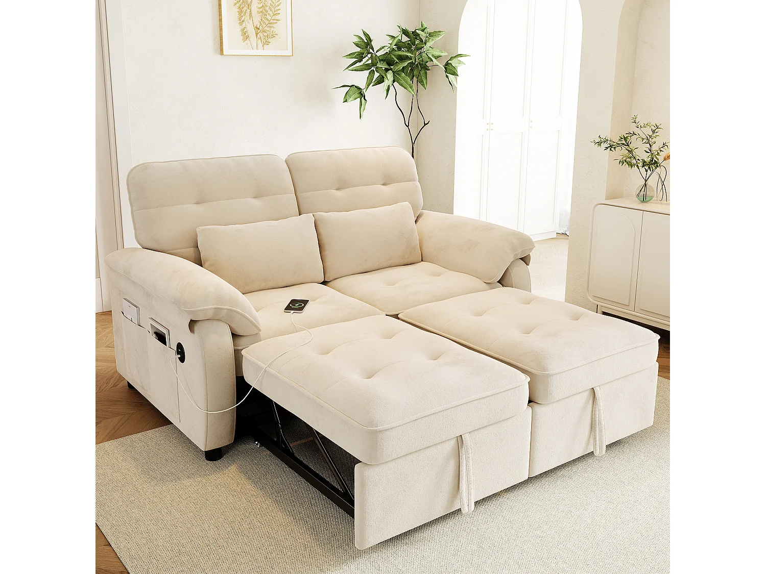 Canapé 3 en 1 - 2 places - Canapé pliable - Dossier réglable - Port de chargement USB - Comprend 2 coussins - Chenil - Beige