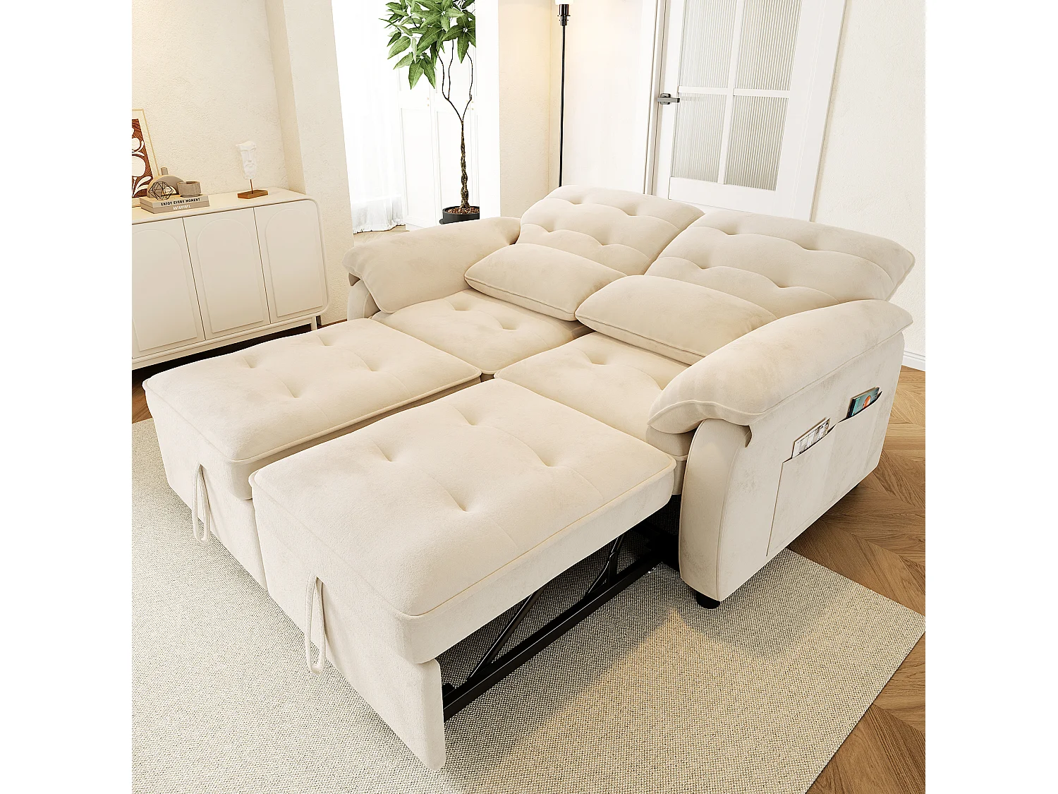 Canapé 3 en 1 - 2 places - Canapé pliable - Dossier réglable - Port de chargement USB - Comprend 2 coussins - Chenil - Beige