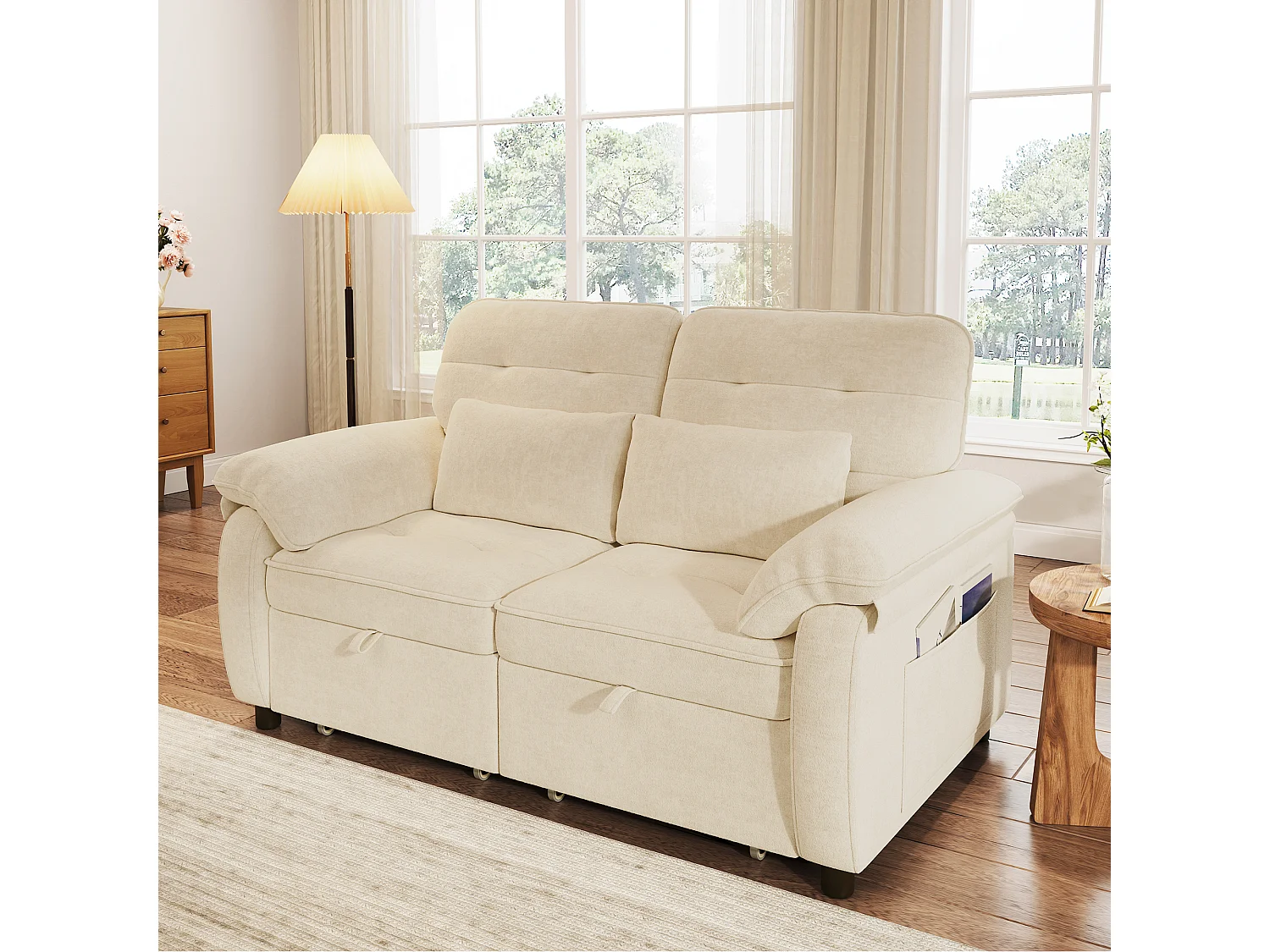 Canapé 3 en 1 - 2 places - Canapé pliable - Dossier réglable - Port de chargement USB - Comprend 2 coussins - Chenil - Beige