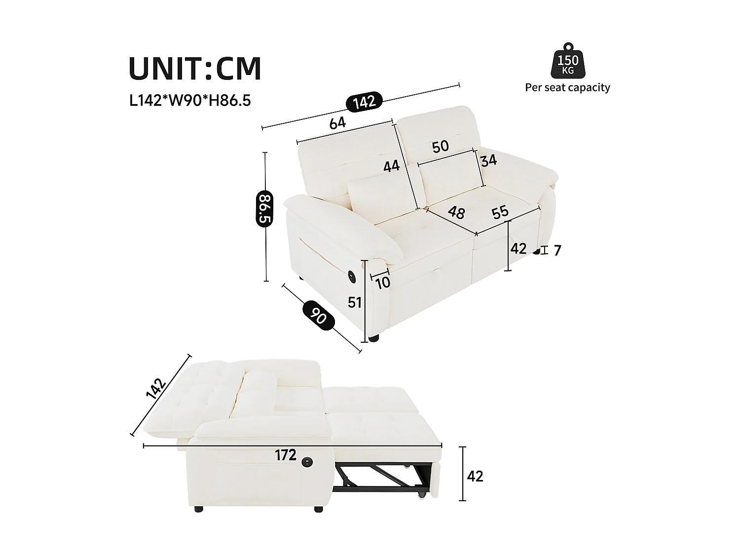 Canapé 3 en 1 - 2 places - Canapé pliable - Dossier réglable - Port de chargement USB - Comprend 2 coussins - Chenil - Beige