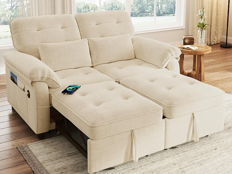 Canapé 3 en 1 - 2 places - Canapé pliable - Dossier réglable - Port de chargement USB - Comprend 2 coussins - Chenil - Beige