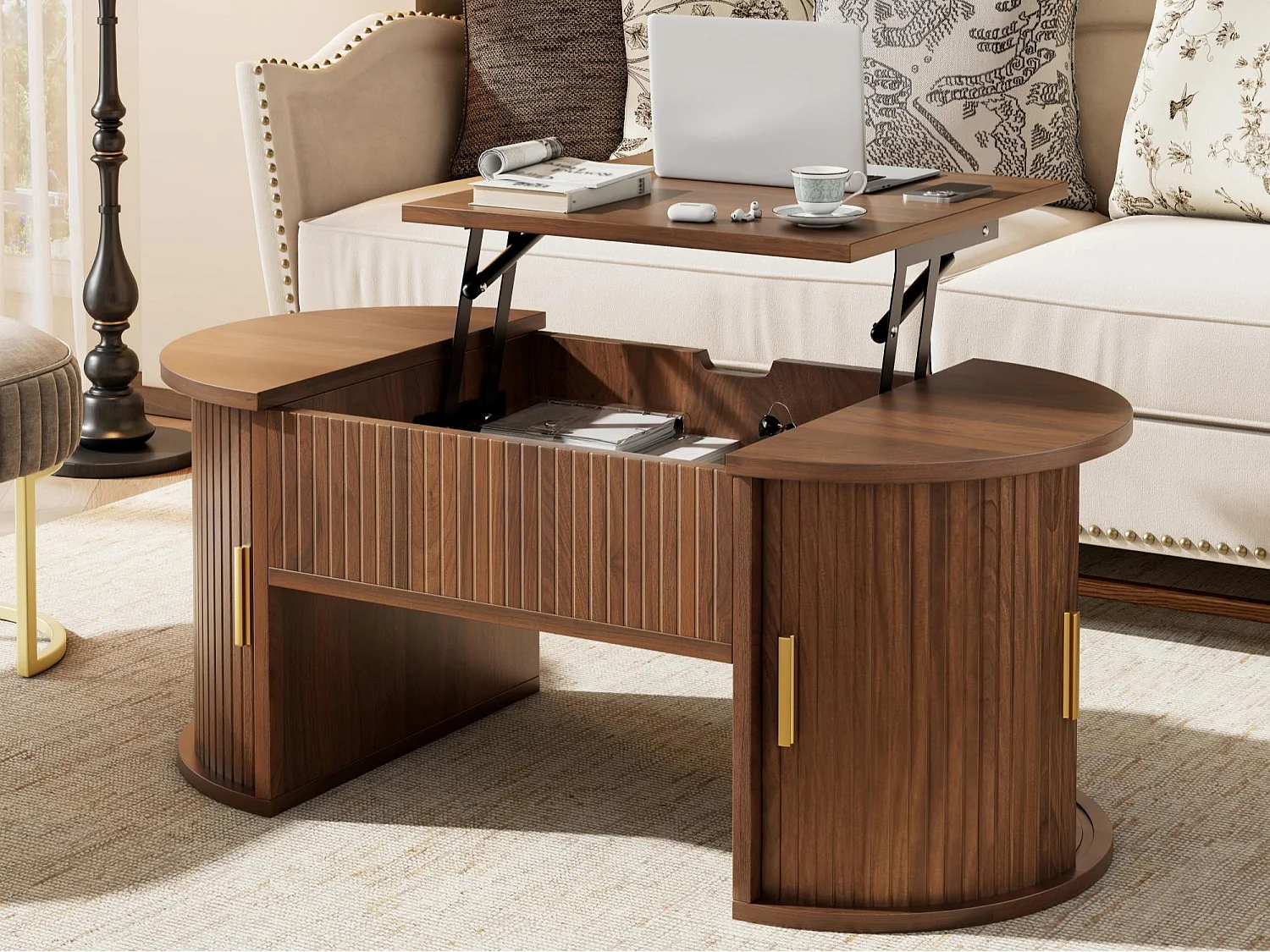 Höhenverstellbarer ovaler Beistelltisch 100x50x40,5 cm - Offene Regale und versteckter Stauraum - 2 Schiebetüren - MDF - Braun