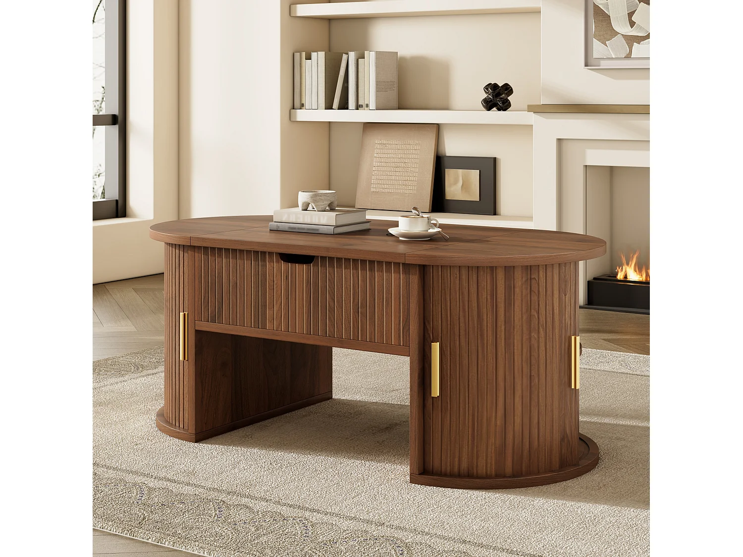 Höhenverstellbarer ovaler Beistelltisch 100x50x40,5 cm - Offene Regale und versteckter Stauraum - 2 Schiebetüren - MDF - Braun