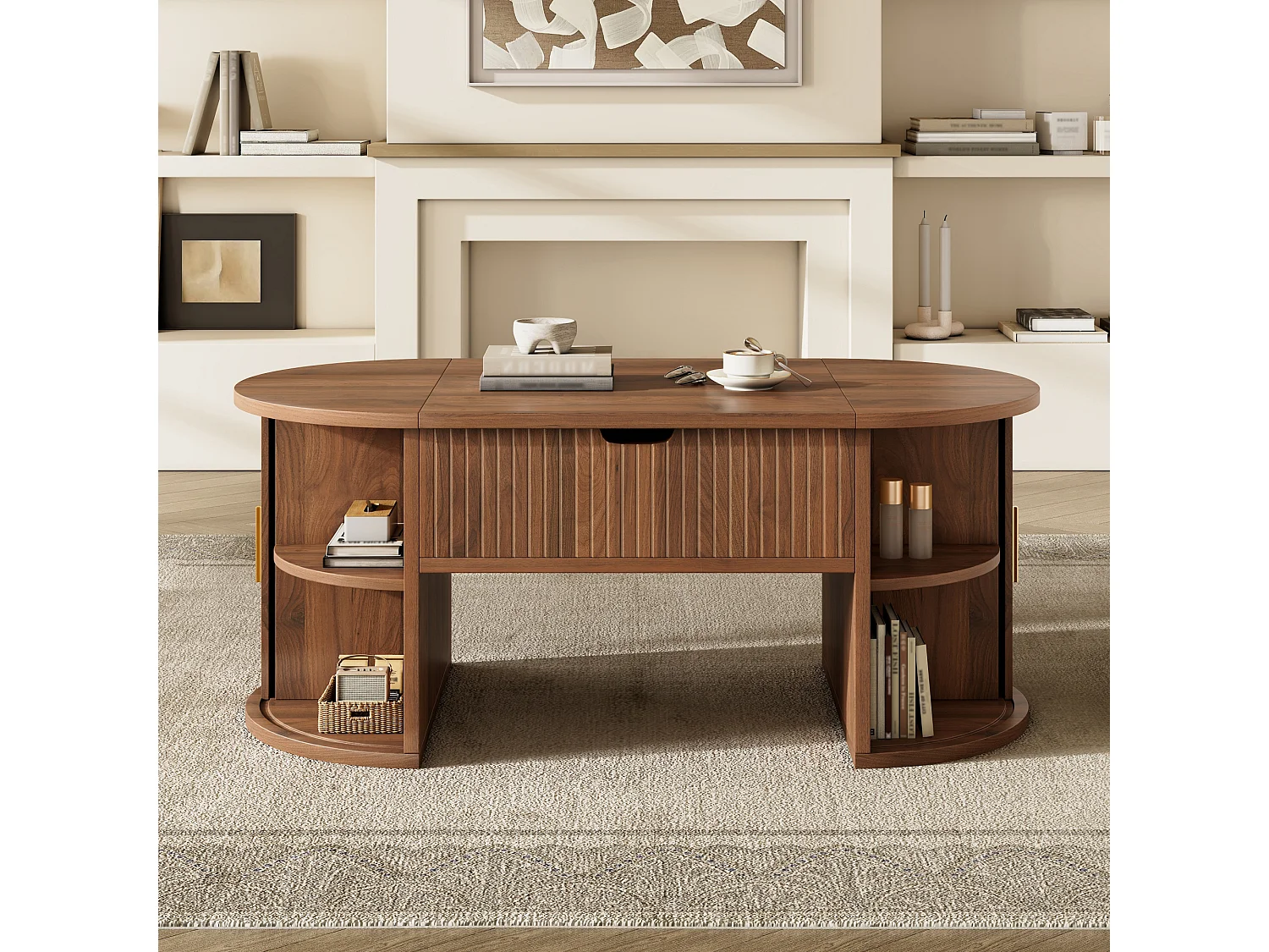 Höhenverstellbarer ovaler Beistelltisch 100x50x40,5 cm - Offene Regale und versteckter Stauraum - 2 Schiebetüren - MDF - Braun