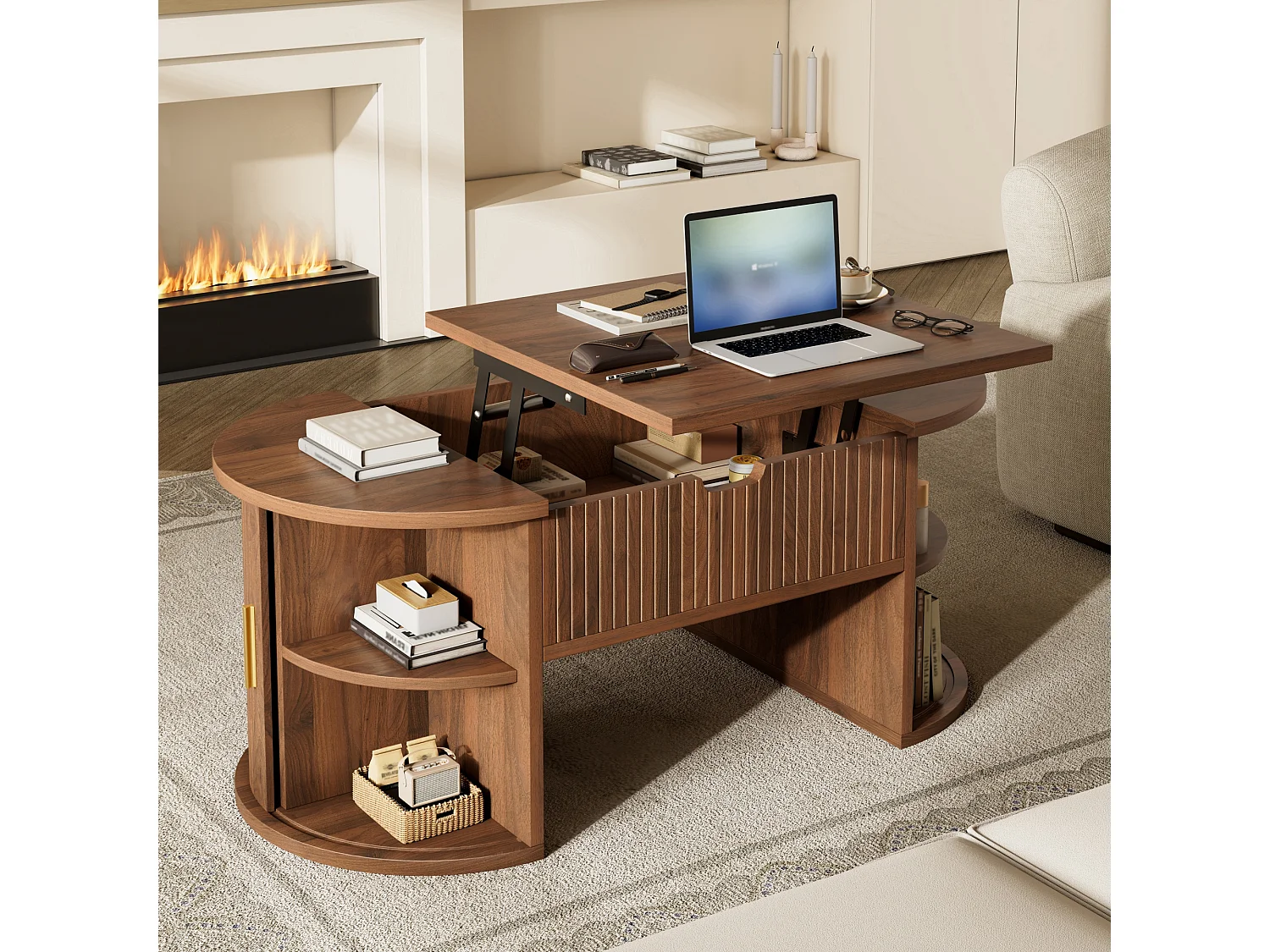 Höhenverstellbarer ovaler Beistelltisch 100x50x40,5 cm - Offene Regale und versteckter Stauraum - 2 Schiebetüren - MDF - Braun