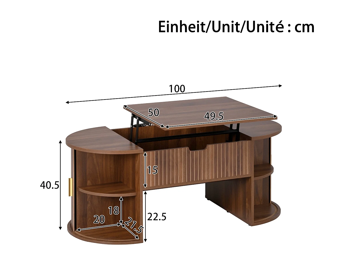 Höhenverstellbarer ovaler Beistelltisch 100x50x40,5 cm - Offene Regale und versteckter Stauraum - 2 Schiebetüren - MDF - Braun