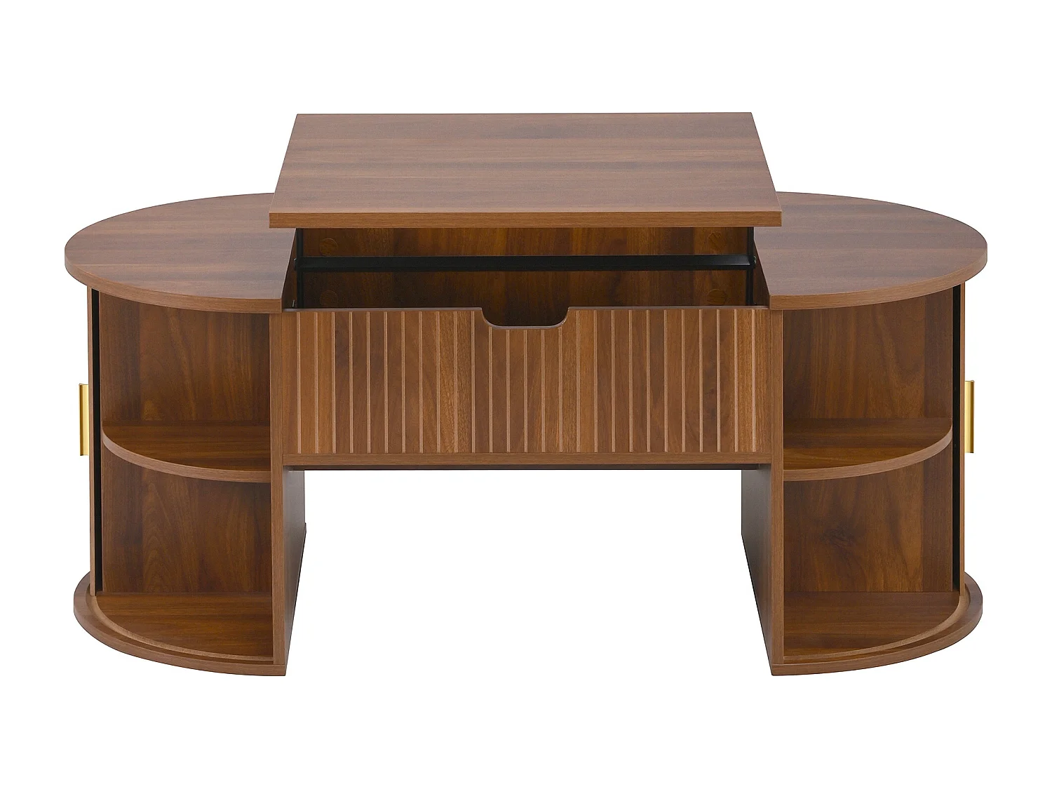 Höhenverstellbarer ovaler Beistelltisch 100x50x40,5 cm - Offene Regale und versteckter Stauraum - 2 Schiebetüren - MDF - Braun