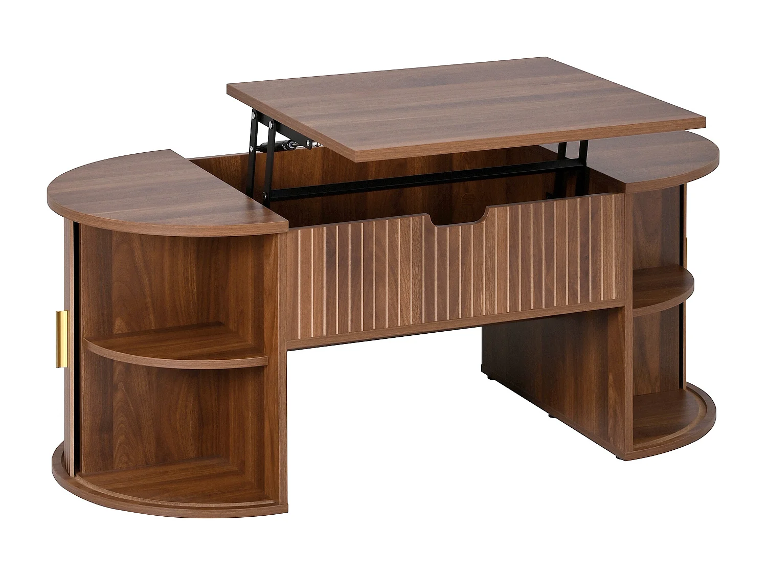 Höhenverstellbarer ovaler Beistelltisch 100x50x40,5 cm - Offene Regale und versteckter Stauraum - 2 Schiebetüren - MDF - Braun