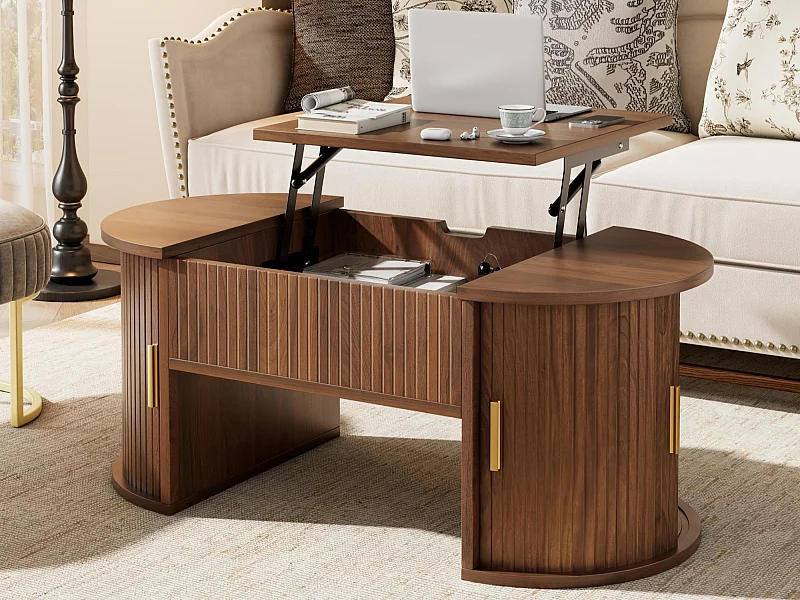 Höhenverstellbarer ovaler Beistelltisch 100x50x40,5 cm - Offene Regale und versteckter Stauraum - 2 Schiebetüren - MDF - Braun