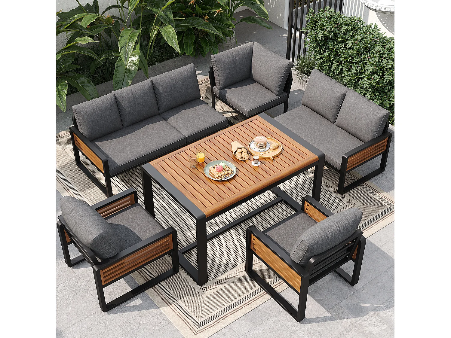 Garten-Salon, Möbelset aus Kunstholz für 6-8 Personen - Ecksofa - aus verzinktem Eisen - Tische - 2 Stühle - Akazie, Grau