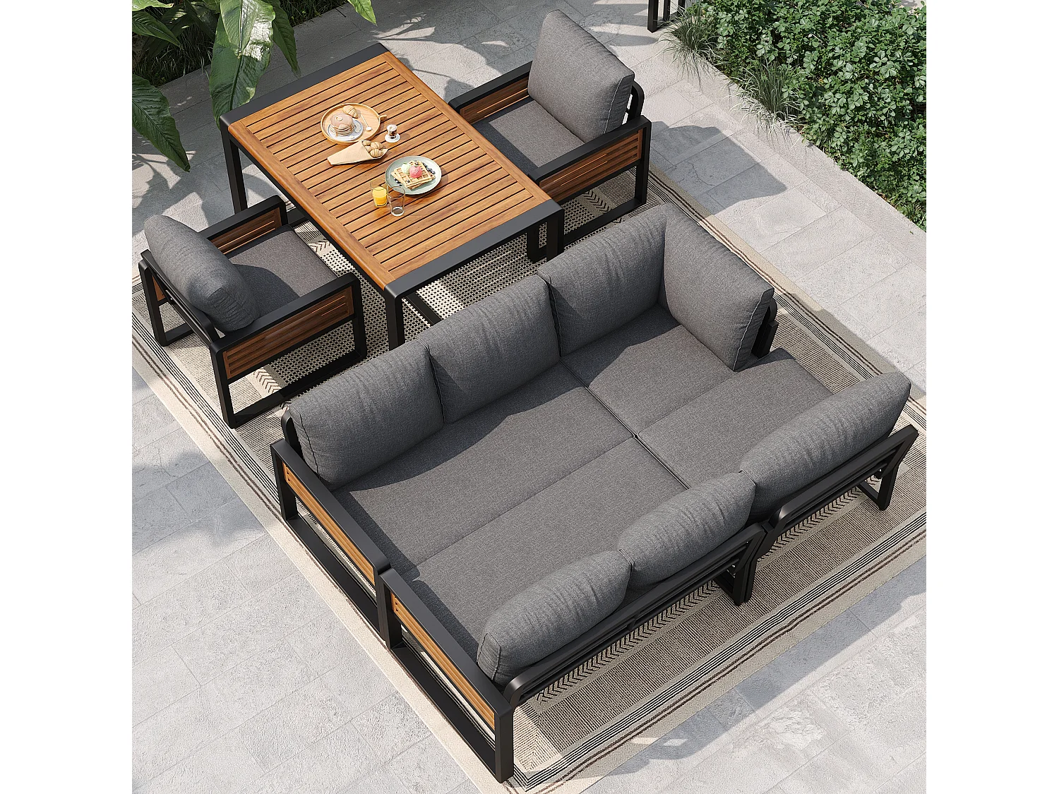 Garten-Salon, Möbelset aus Kunstholz für 6-8 Personen - Ecksofa - aus verzinktem Eisen - Tische - 2 Stühle - Akazie, Grau