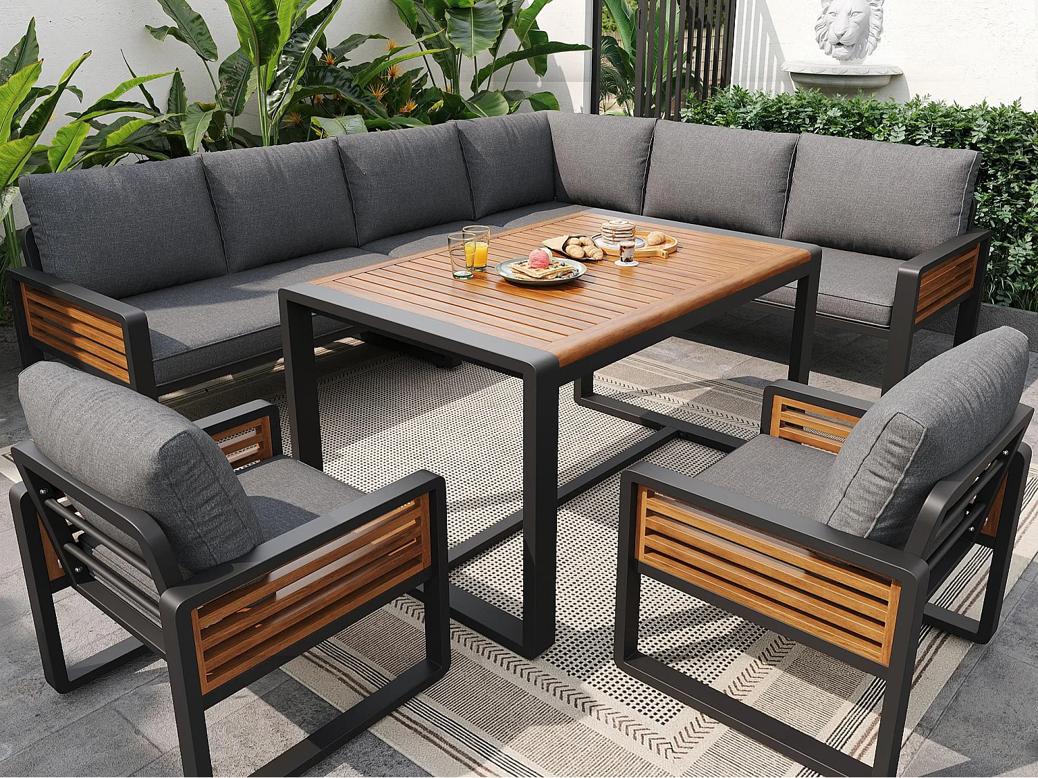 Garten-Salon, Möbelset aus Kunstholz für 6-8 Personen - Ecksofa - aus verzinktem Eisen - Tische - 2 Stühle - Akazie, Grau