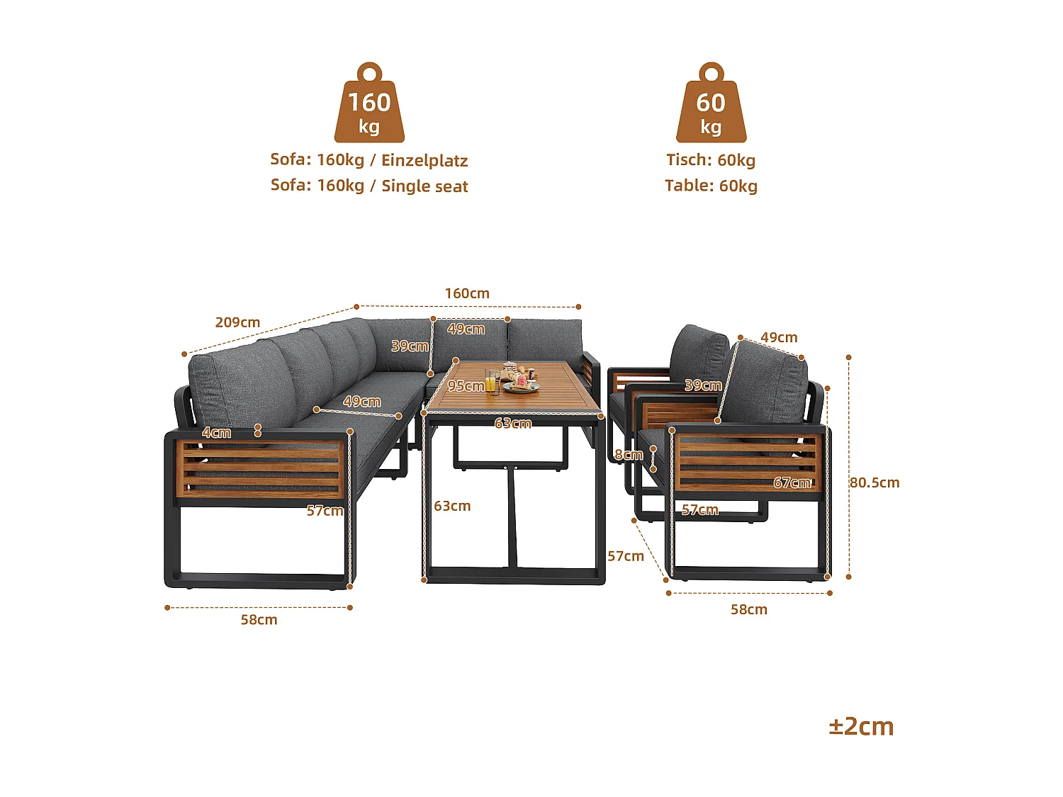 Garten-Salon, Möbelset aus Kunstholz für 6-8 Personen - Ecksofa - aus verzinktem Eisen - Tische - 2 Stühle - Akazie, Grau