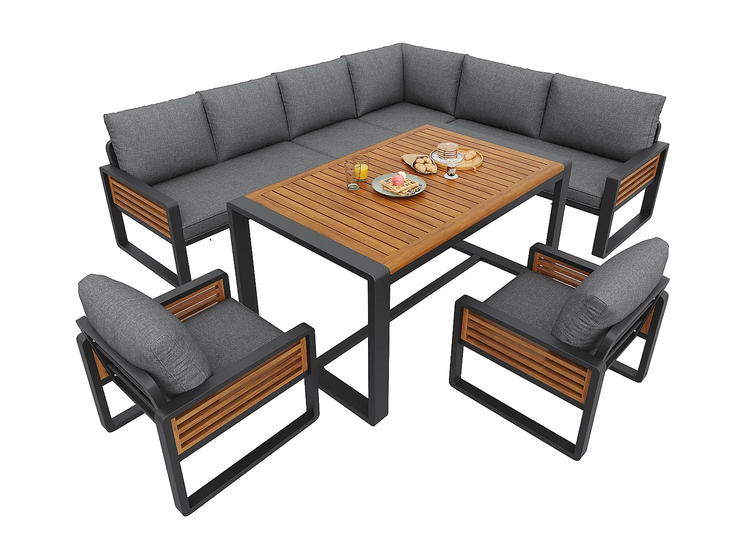 Garten-Salon, Möbelset aus Kunstholz für 6-8 Personen - Ecksofa - aus verzinktem Eisen - Tische - 2 Stühle - Akazie, Grau