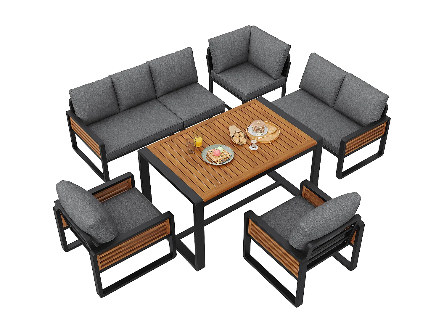 Garten-Salon, Möbelset aus Kunstholz für 6-8 Personen - Ecksofa - aus verzinktem Eisen - Tische - 2 Stühle - Akazie, Grau
