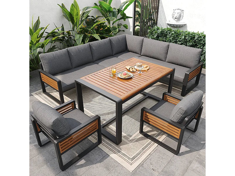 Garten-Salon, Möbelset aus Kunstholz für 6-8 Personen - Ecksofa - aus verzinktem Eisen - Tische - 2 Stühle - Akazie, Grau