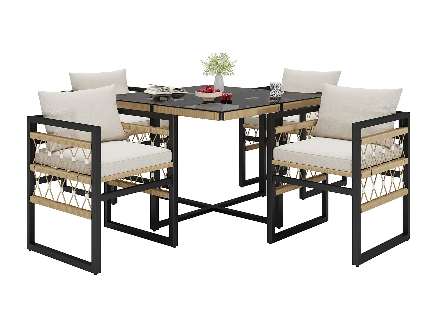 Zestaw jadalniany ogrodowy na 4 osoby, lin, 1 stół jadalniany z rysunkiem bezpieczeństwa, z żelaza ocynkowanego, 4 fotele, szary