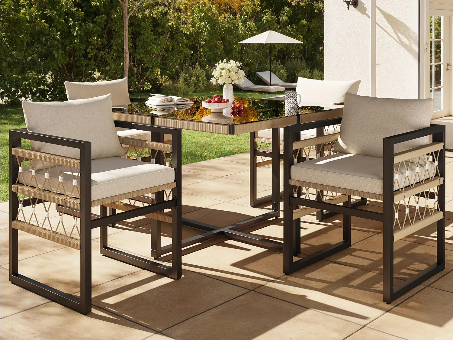 Set da pranzo da giardino per 4 posti, cordame, 1 tavolo da pranzo con venatura di sicurezza, in ferro zincato, 4 poltrone, grigio