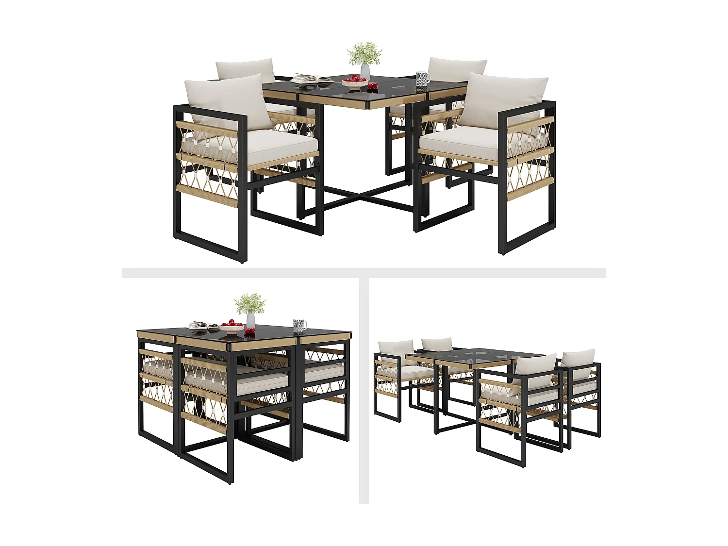 Set da pranzo da giardino per 4 posti, cordame, 1 tavolo da pranzo con venatura di sicurezza, in ferro zincato, 4 poltrone, grigio