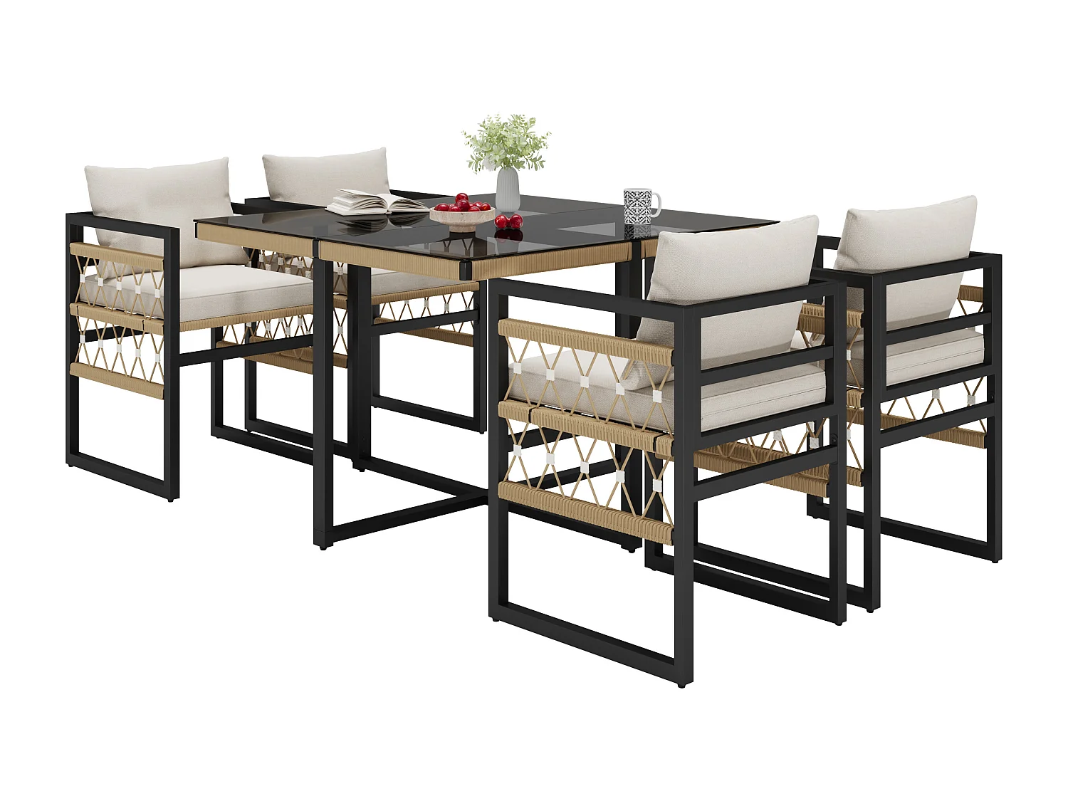 Set da pranzo da giardino per 4 posti, cordame, 1 tavolo da pranzo con venatura di sicurezza, in ferro zincato, 4 poltrone, grigio