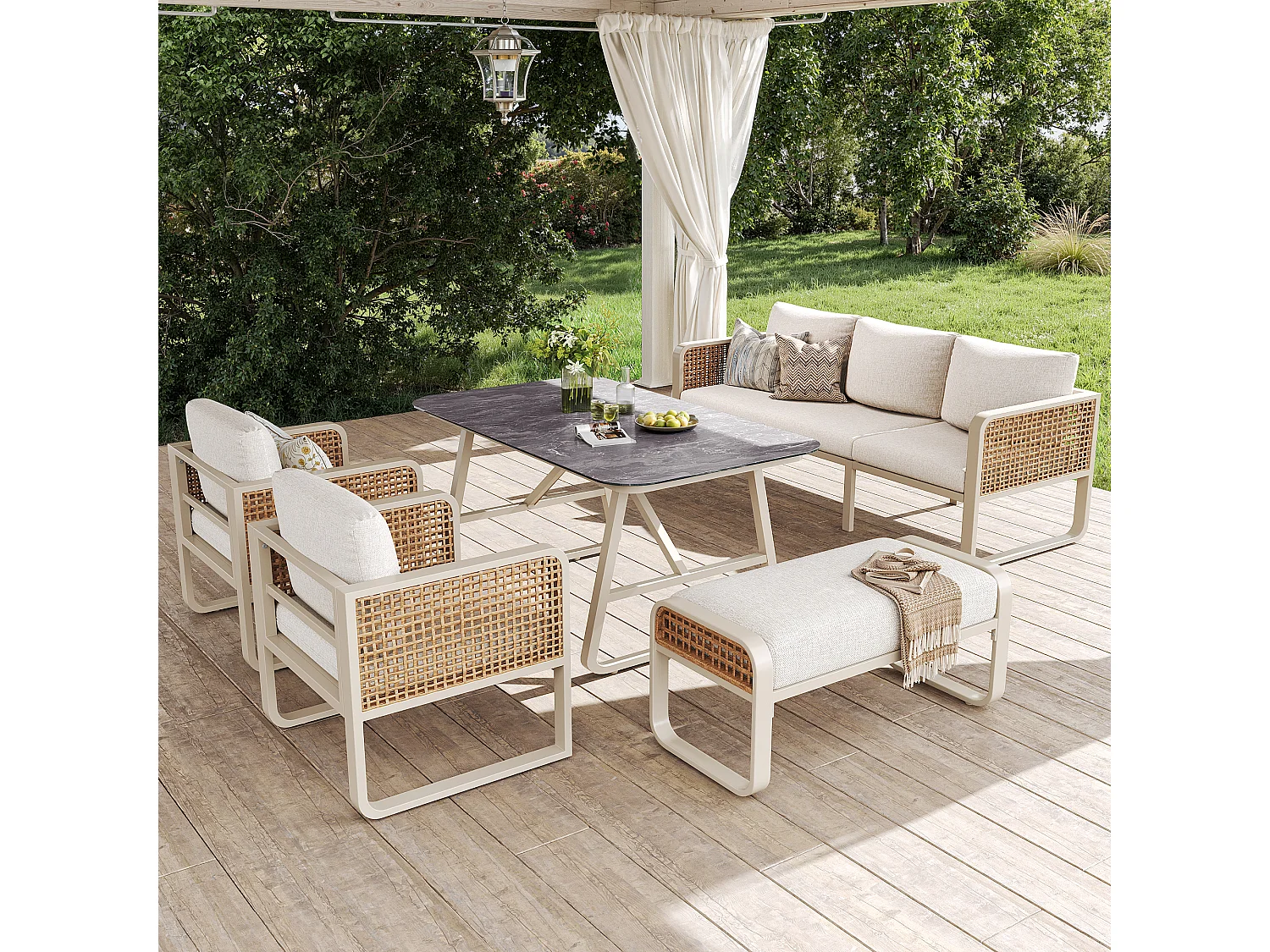 Salon de jardin, ensemble de meubles en rotin PE pour 6-7 palces -  Canapé 3 places - en fer galvanisé - 2 fauteuils - table à l'aspect marbré, Beige