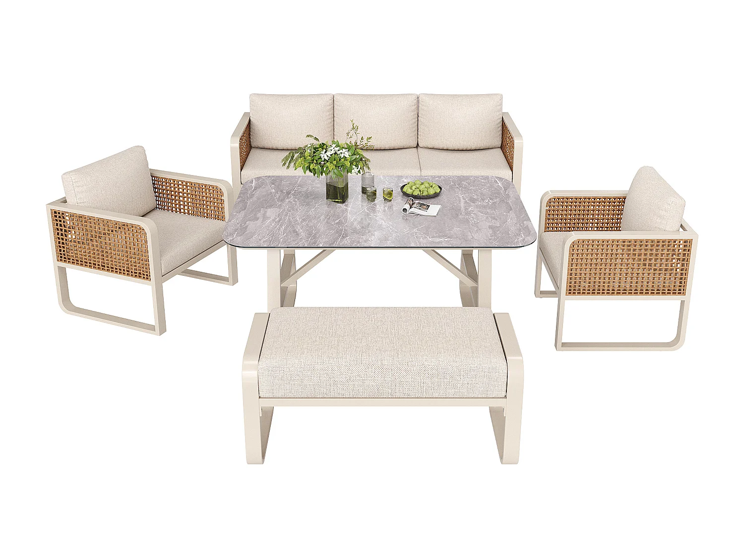 Salon de jardin, ensemble de meubles en rotin PE pour 6-7 palces -  Canapé 3 places - en fer galvanisé - 2 fauteuils - table à l'aspect marbré, Beige