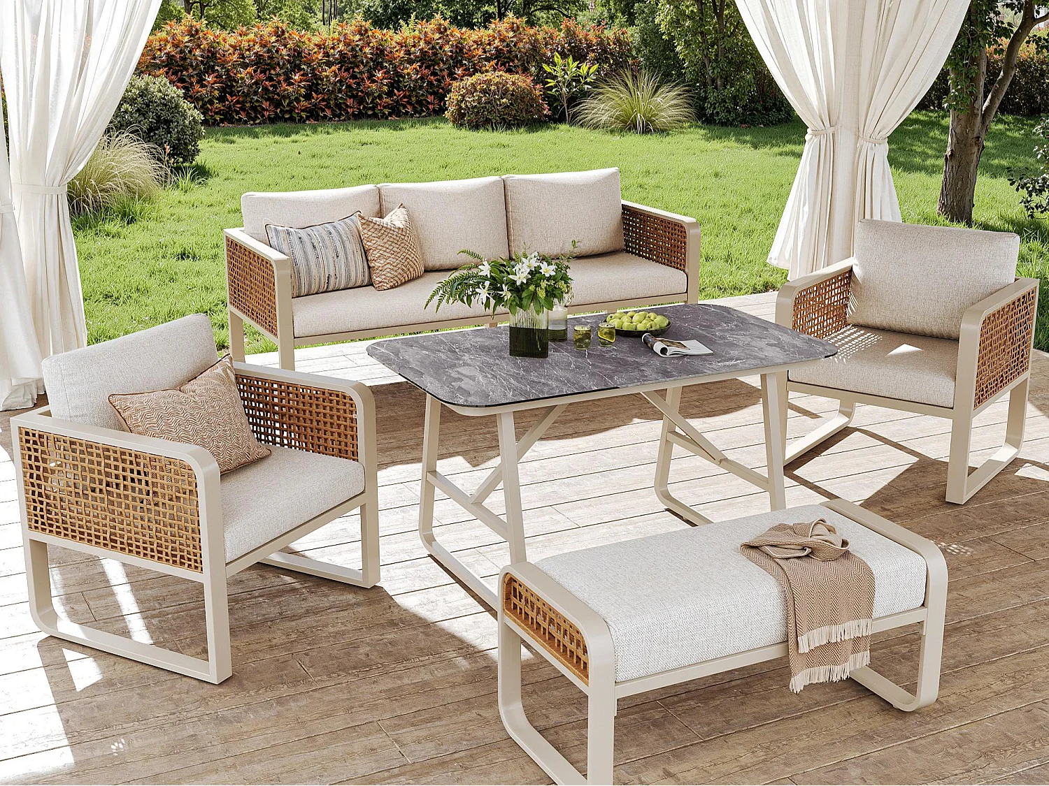 Salon de jardin, ensemble de meubles en rotin PE pour 6-7 palces -  Canapé 3 places - en fer galvanisé - 2 fauteuils - table à l'aspect marbré, Beige