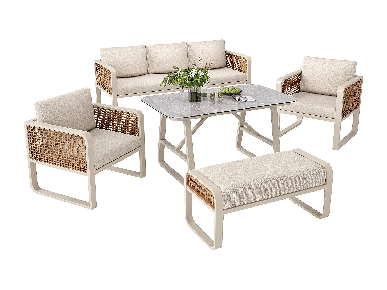 Salon de jardin, ensemble de meubles en rotin PE pour 6-7 palces -  Canapé 3 places - en fer galvanisé - 2 fauteuils - table à l'aspect marbré, Beige