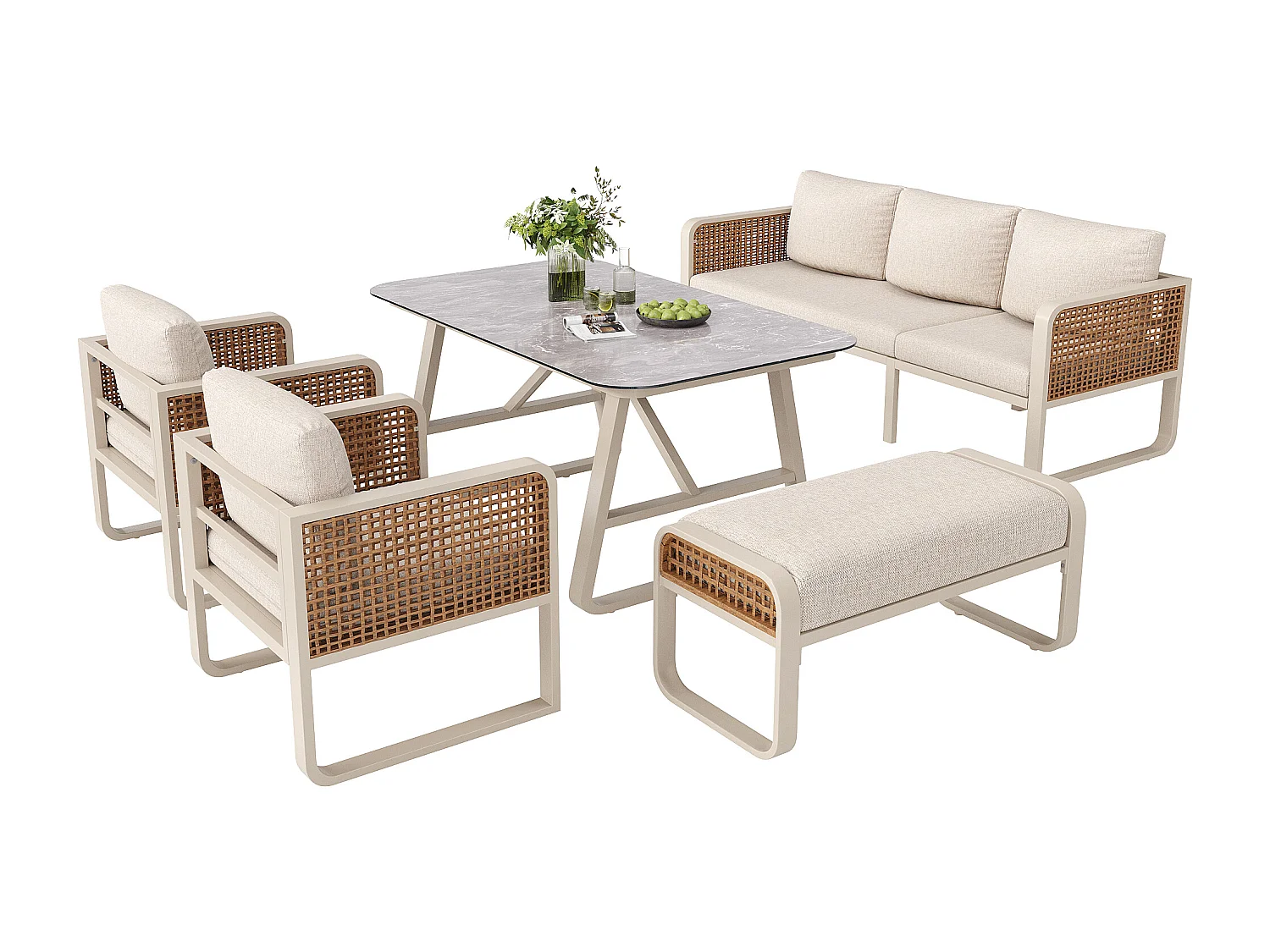 Salon de jardin, ensemble de meubles en rotin PE pour 6-7 palces -  Canapé 3 places - en fer galvanisé - 2 fauteuils - table à l'aspect marbré, Beige