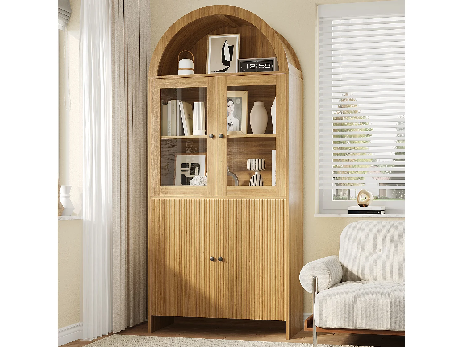 Geschwungene Vitrine 78x40x176 cm - 4 Türen - Glasvitrine - Spanplatten - Natur