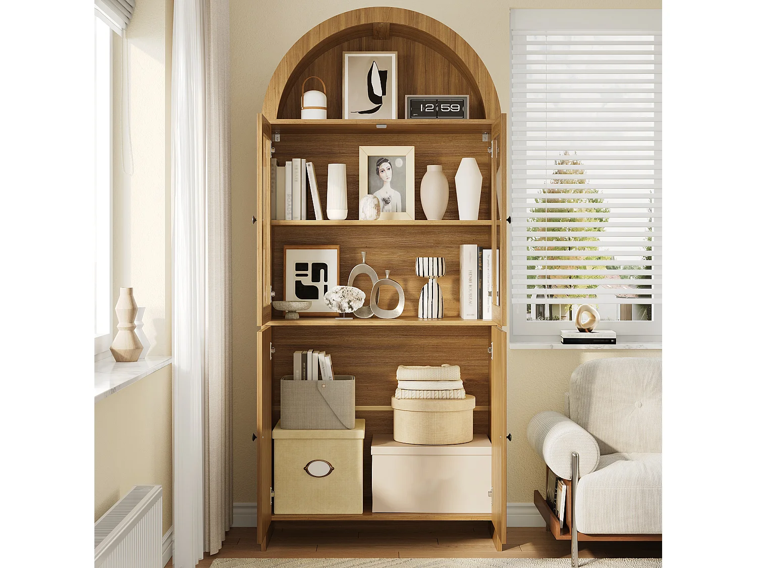 Geschwungene Vitrine 78x40x176 cm - 4 Türen - Glasvitrine - Spanplatten - Natur