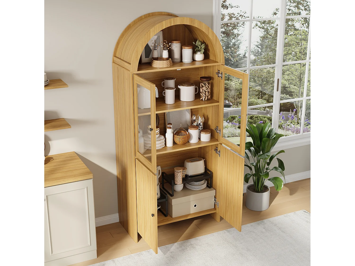 Geschwungene Vitrine 78x40x176 cm - 4 Türen - Glasvitrine - Spanplatten - Natur