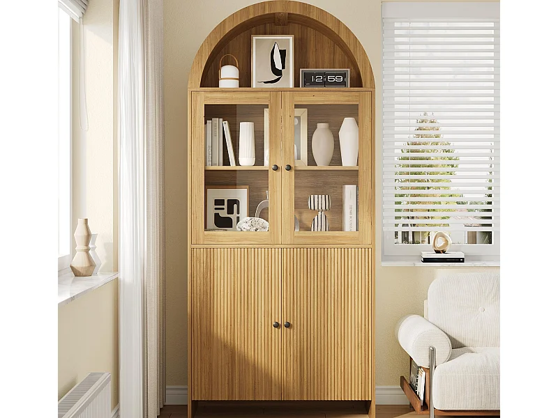 Geschwungene Vitrine 78x40x176 cm - 4 Türen - Glasvitrine - Spanplatten - Natur