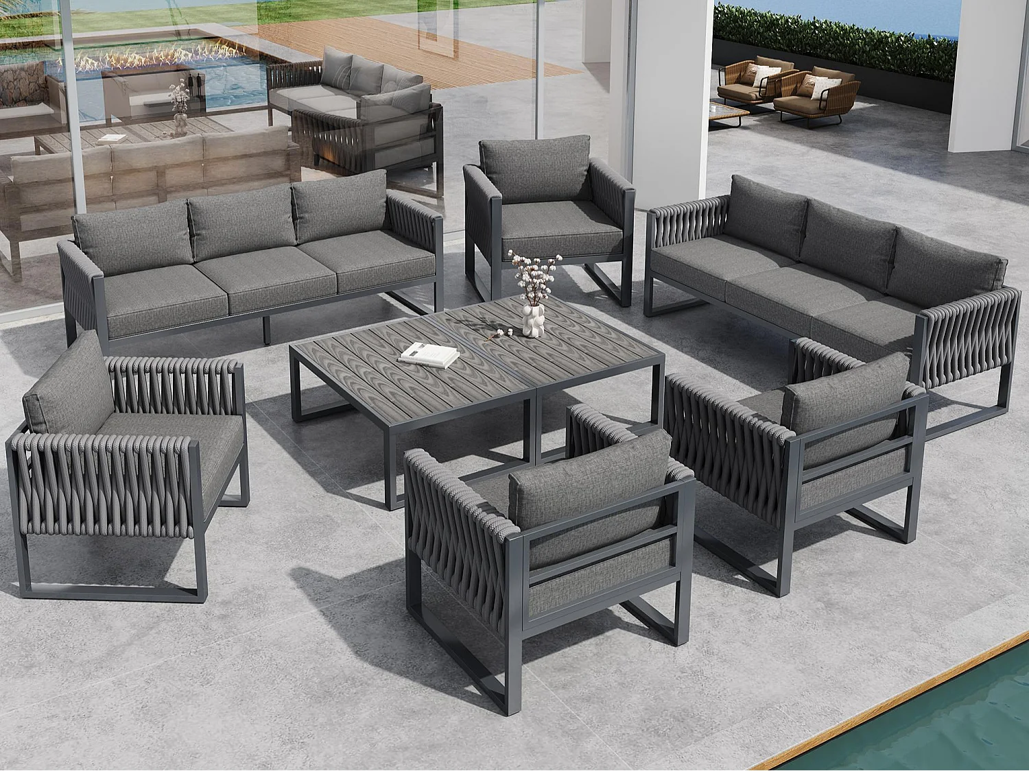 Garten-Salon, Möbelset, Tauwerk, für 10 Personen - 2 3-Personen-Sofas - 4 Sessel - 2 Beistelltische - aus verzinktem Eisen, Grau
