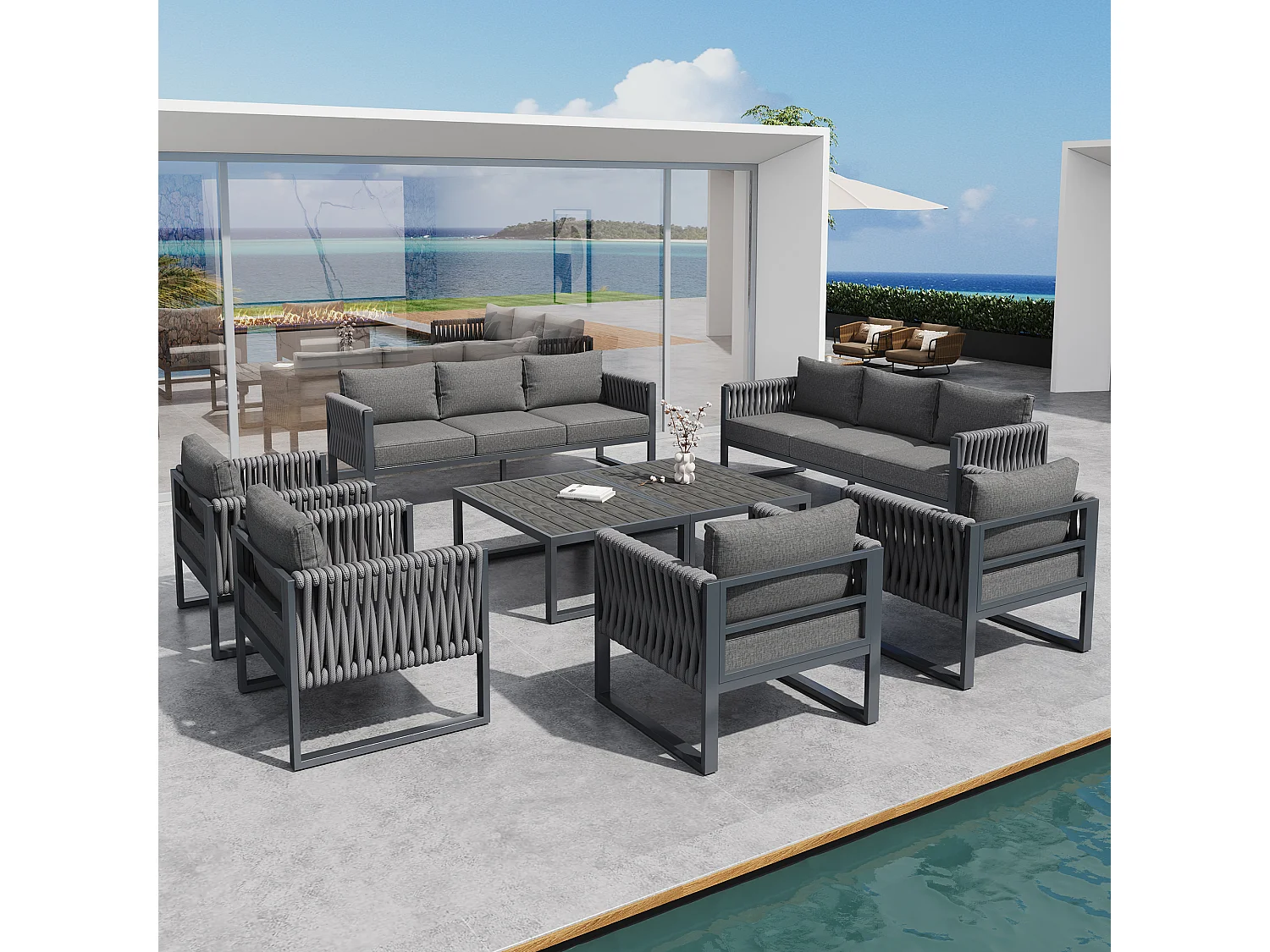 Garten-Salon, Möbelset, Tauwerk, für 10 Personen - 2 3-Personen-Sofas - 4 Sessel - 2 Beistelltische - aus verzinktem Eisen, Grau