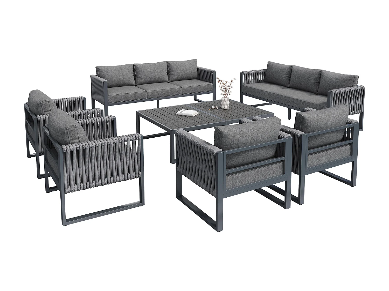 Garten-Salon, Möbelset, Tauwerk, für 10 Personen - 2 3-Personen-Sofas - 4 Sessel - 2 Beistelltische - aus verzinktem Eisen, Grau