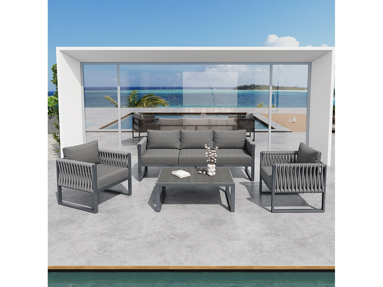 Salon ogrodowy, zestaw mebli, lin, na 5 osób - Kanapa 3-osobowa - 2 fotele - stolik kawowy - z żelaza ocynkowanego, Szary