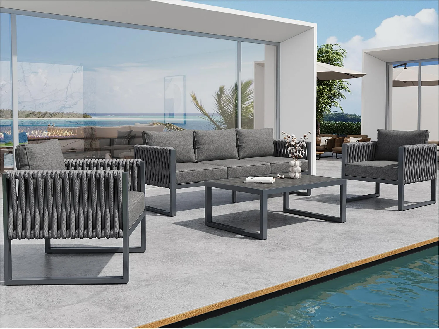 Salon de jardin, ensemble de meubles, cordage, pour 5 personnes - Canapé 3 places - 2 fauteuils - table basse - en fer galvanisé, Gris
