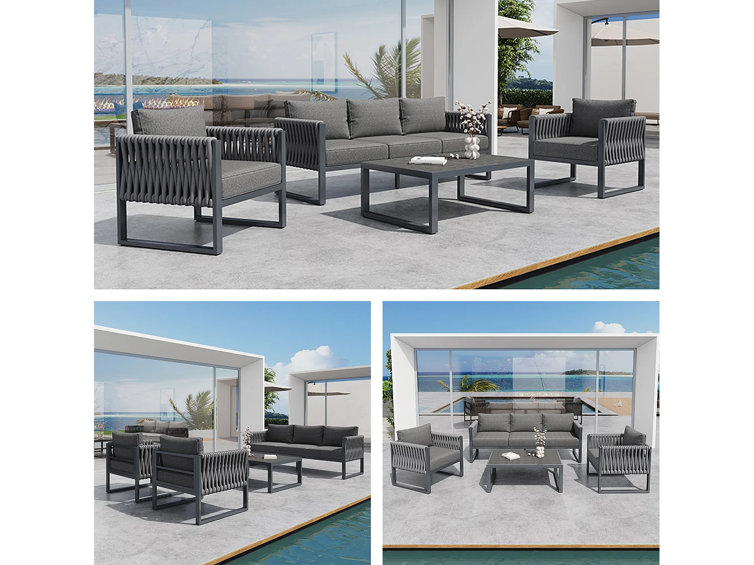 Salon de jardin, ensemble de meubles, cordage, pour 5 personnes - Canapé 3 places - 2 fauteuils - table basse - en fer galvanisé, Gris