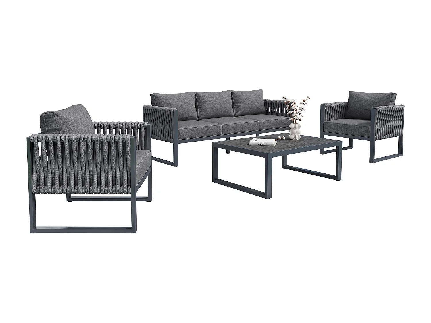 Salon de jardin, ensemble de meubles, cordage, pour 5 personnes - Canapé 3 places - 2 fauteuils - table basse - en fer galvanisé, Gris