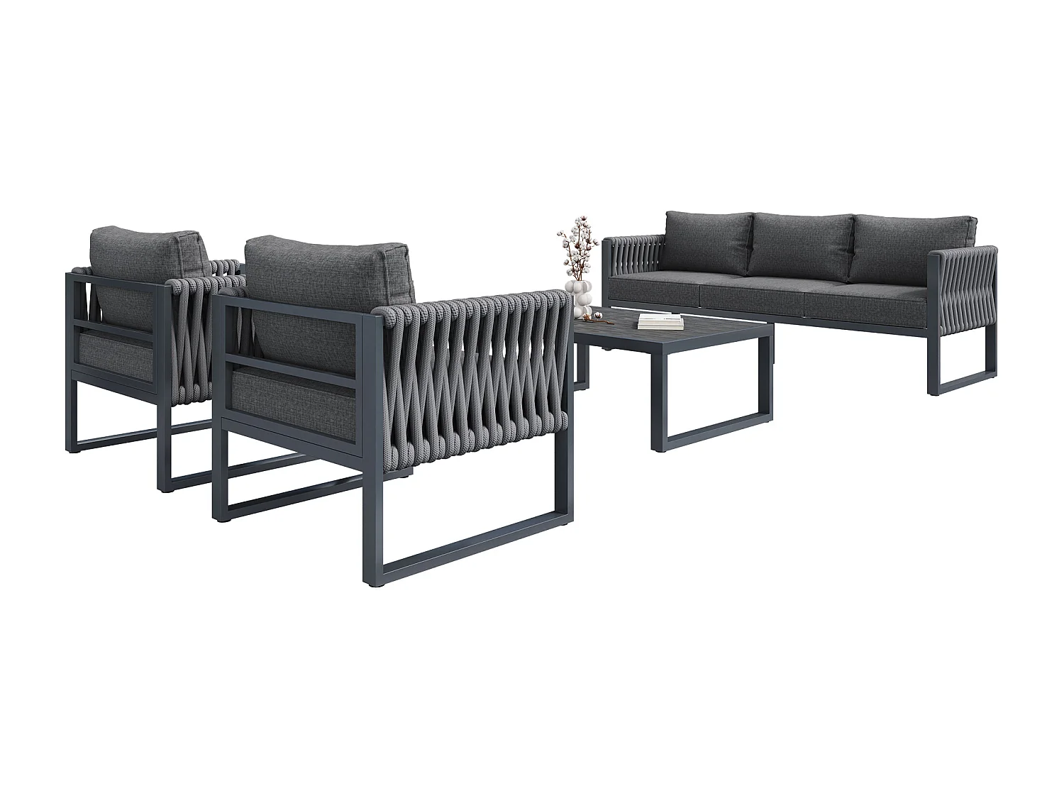 Salon de jardin, ensemble de meubles, cordage, pour 5 personnes - Canapé 3 places - 2 fauteuils - table basse - en fer galvanisé, Gris