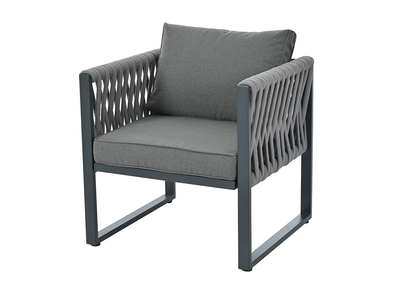 Salon de jardin, ensemble de meubles, cordage, pour 5 personnes - Canapé 3 places - 2 fauteuils - table basse - en fer galvanisé, Gris