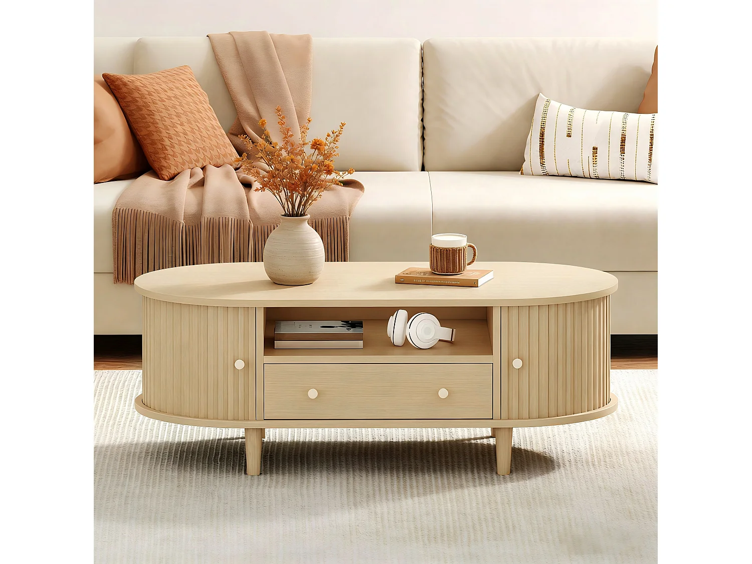 Ovaler Beistelltisch 100x50x36 cm - 1 Schublade und 2 Schiebetüren - Offener Stauraum - Nussbaumfurnier - MDF - Natur