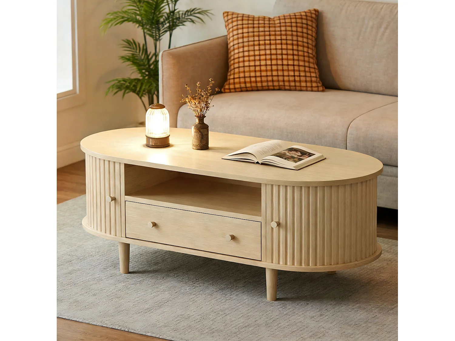 Ovaler Beistelltisch 100x50x36 cm - 1 Schublade und 2 Schiebetüren - Offener Stauraum - Nussbaumfurnier - MDF - Natur