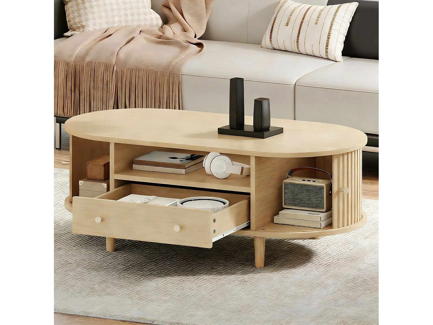 Ovaler Beistelltisch 100x50x36 cm - 1 Schublade und 2 Schiebetüren - Offener Stauraum - Nussbaumfurnier - MDF - Natur