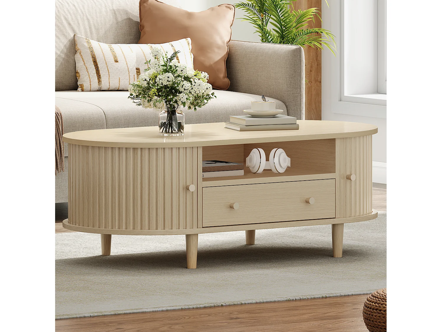 Ovaler Beistelltisch 100x50x36 cm - 1 Schublade und 2 Schiebetüren - Offener Stauraum - Nussbaumfurnier - MDF - Natur