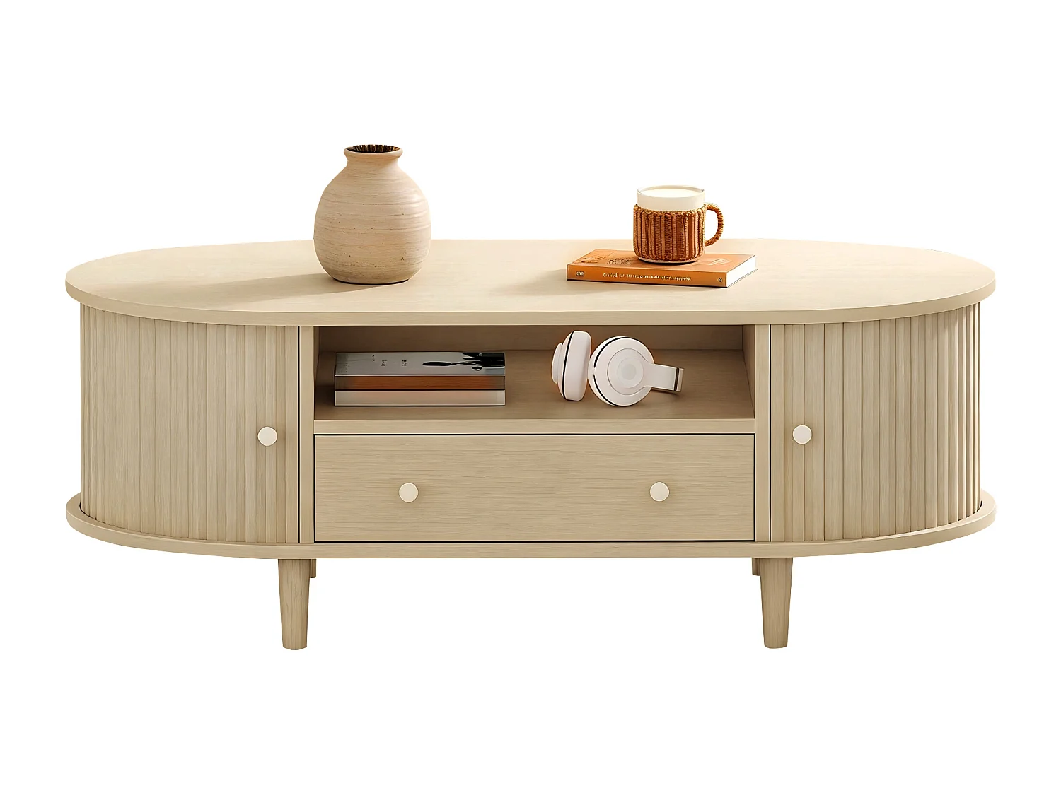 Ovaler Beistelltisch 100x50x36 cm - 1 Schublade und 2 Schiebetüren - Offener Stauraum - Nussbaumfurnier - MDF - Natur