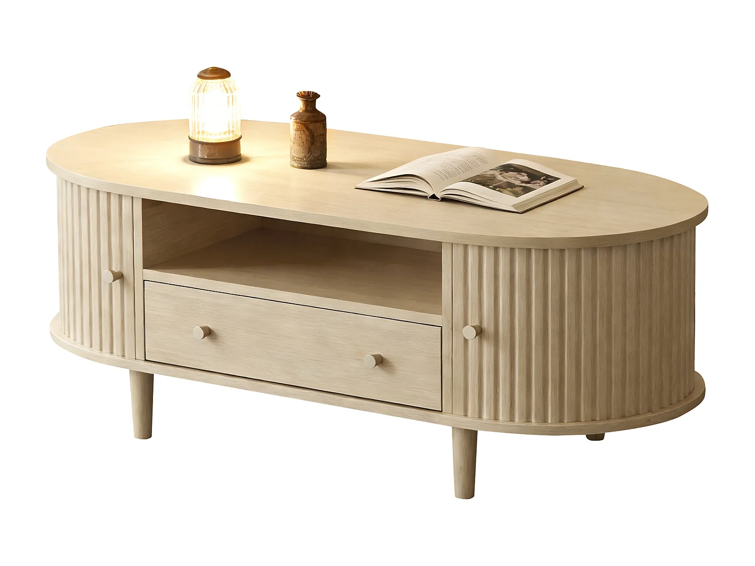 Ovaler Beistelltisch 100x50x36 cm - 1 Schublade und 2 Schiebetüren - Offener Stauraum - Nussbaumfurnier - MDF - Natur